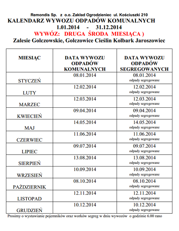 Kalendarz wywozu odpadów komunalnych w 2014 r.