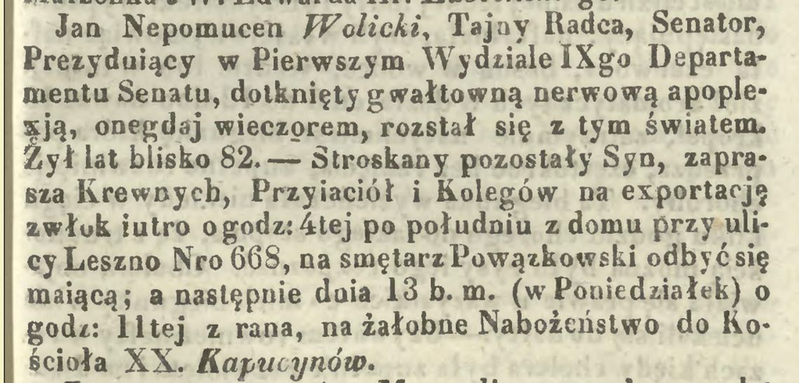 Nekrolog po śmierci Jana Nepomucena Wolickiego w dniu 09.09.1847 r. (1) (Kurier Warszawski nr 242 z 1847 r.).