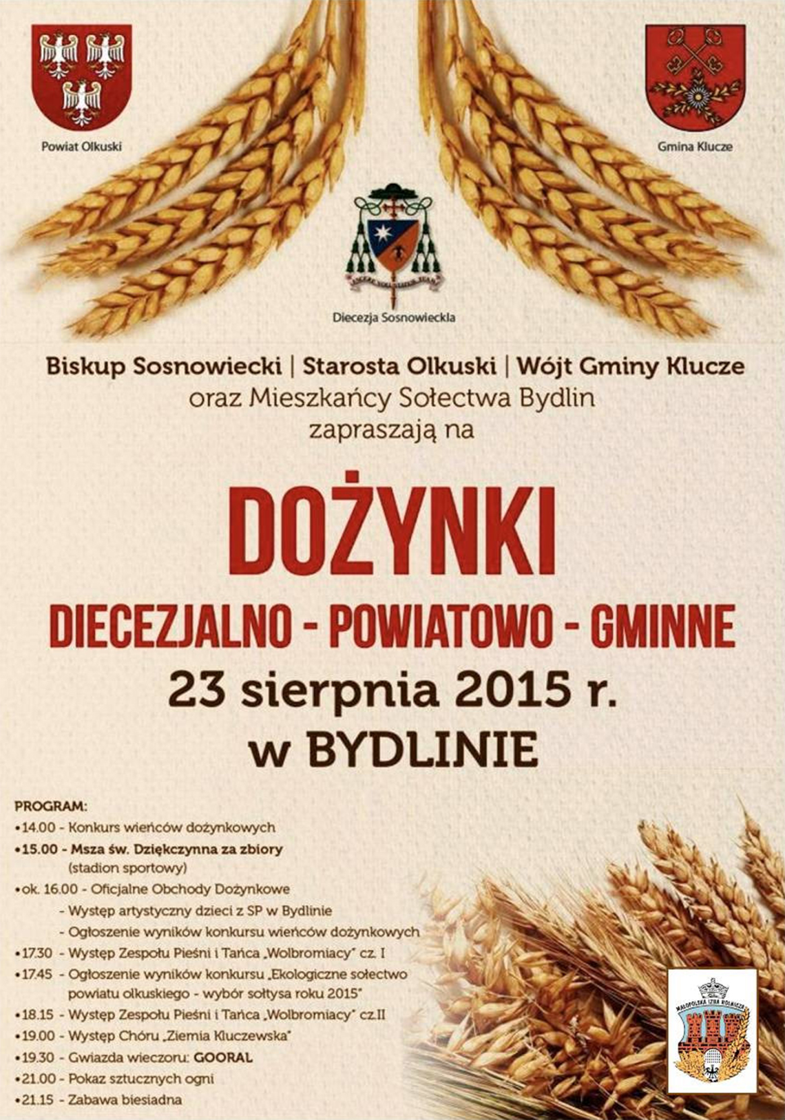 Dożynki Diecezjalno - Powiatowo - Gminne Bydlin 23.08.2015 r. (plakat)