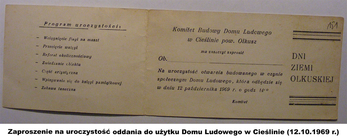 Zaproszenie na uroczystość oddania do użytku Domu Ludowgo w Cieślinie (12.10.1969 r.)