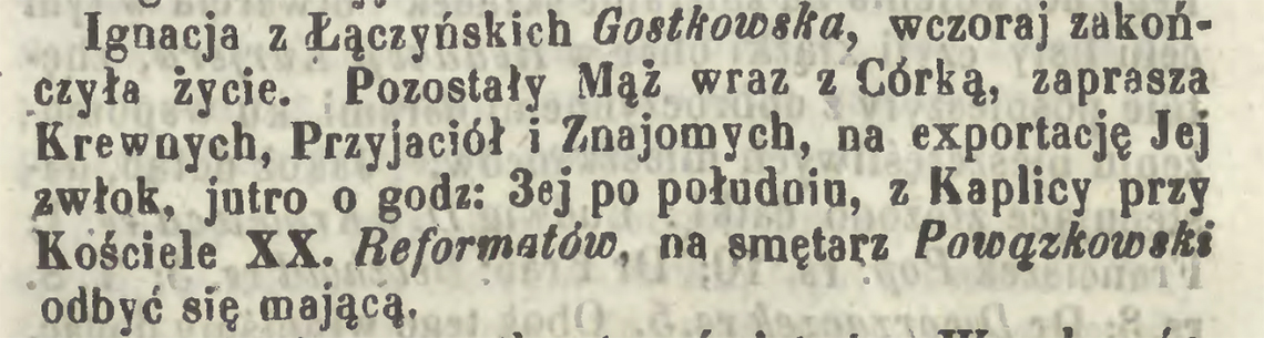 Nekrolog po śmierci Ignacji z Łącyńskich Gostkowskiej 25.09-07.10.1854 r.