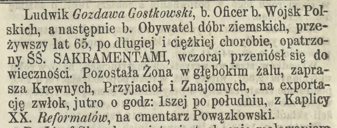 Nekrolog po śmierci Ludwika Gostkowskiego 29.03.1864 r.