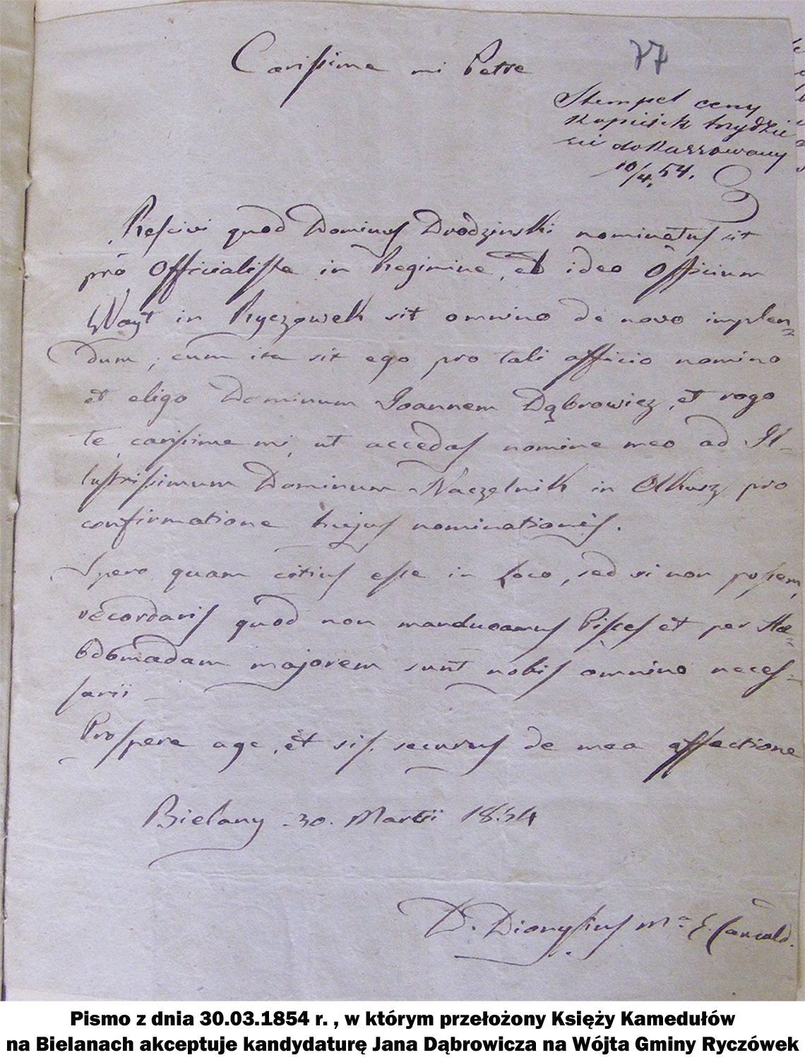 Pismo z dnia 30.03.1854 r. , w którym przełożony Księży Kamedułów na Bielanach akceptuje kandydaturę Jana Dąbrowicza na Wójta Gminy Ryczówek.