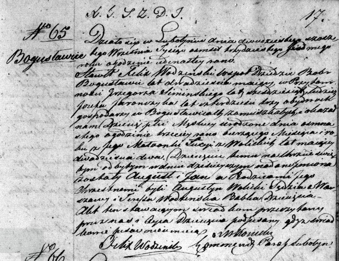 Akt stanu cywilnego urodzenia August Jan Wodziński 16.09.1837 r.