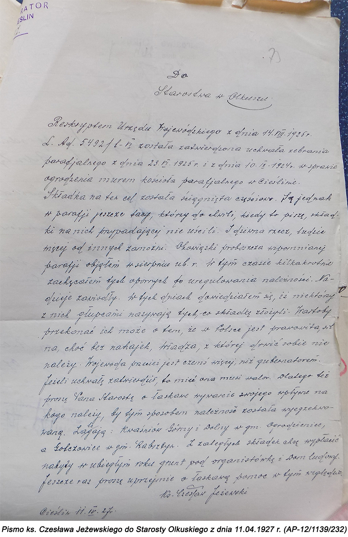 Pismo ks. Czesława Jeżewskiego do Starosty Olkuskiego z dnia 11.04.1927 r. (AP-2/1139/232)