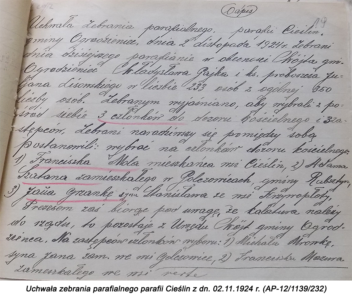 Uchwała zebrania parafialnego parafii Cieślin z dn. 02.11.1924 r. (AP-12/1139/232)