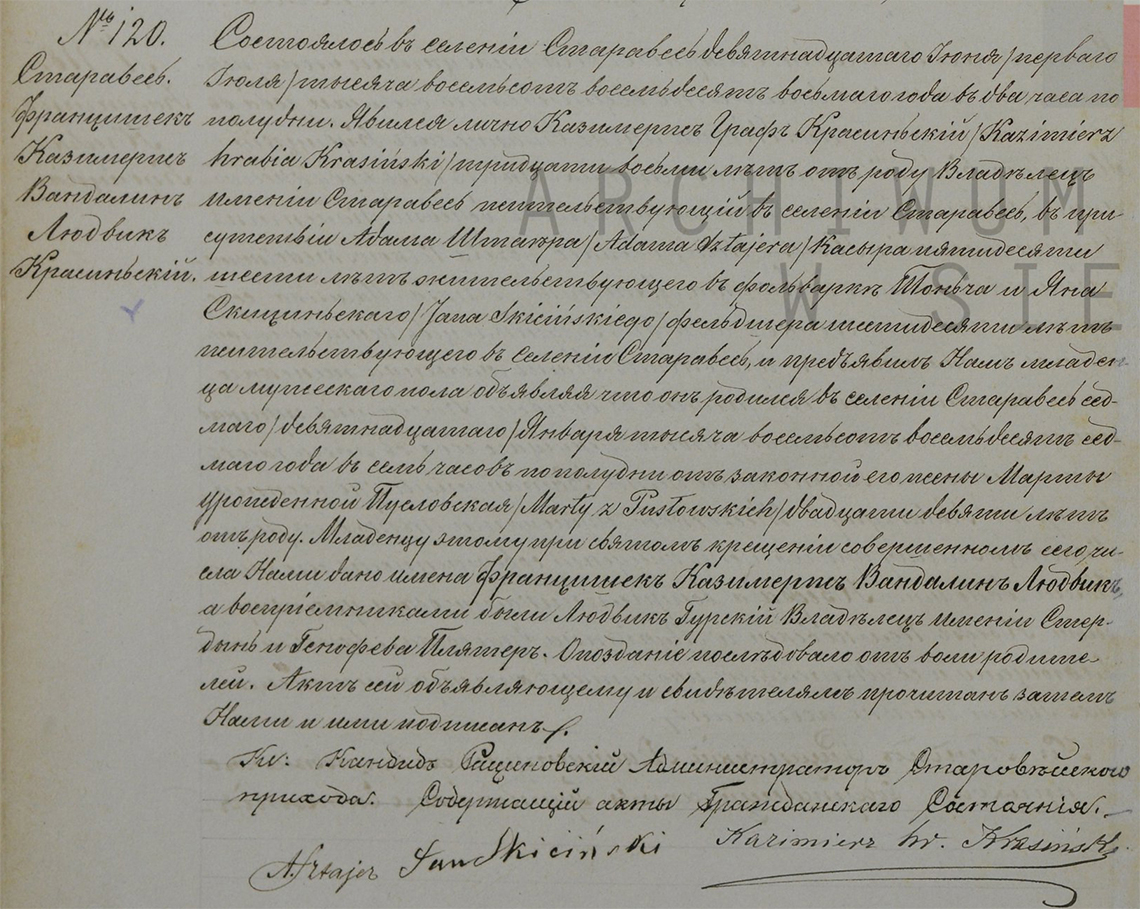Akt stanu cywilnego urodzenia Franciszek Kazimierz Wandalin Ludwik Krasiński 07/19.01.1887 r.