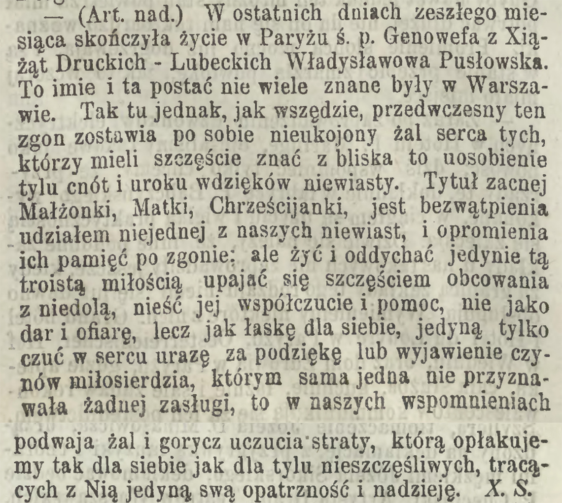 Wspomnienie pogrobowe po śmierci Genowefy Pusłowskiej z ks. Druckich-Lubeckich w dniu 11/23.02.1867 r. (Kurjer Warszawski nr 61 z 1867 r.) 