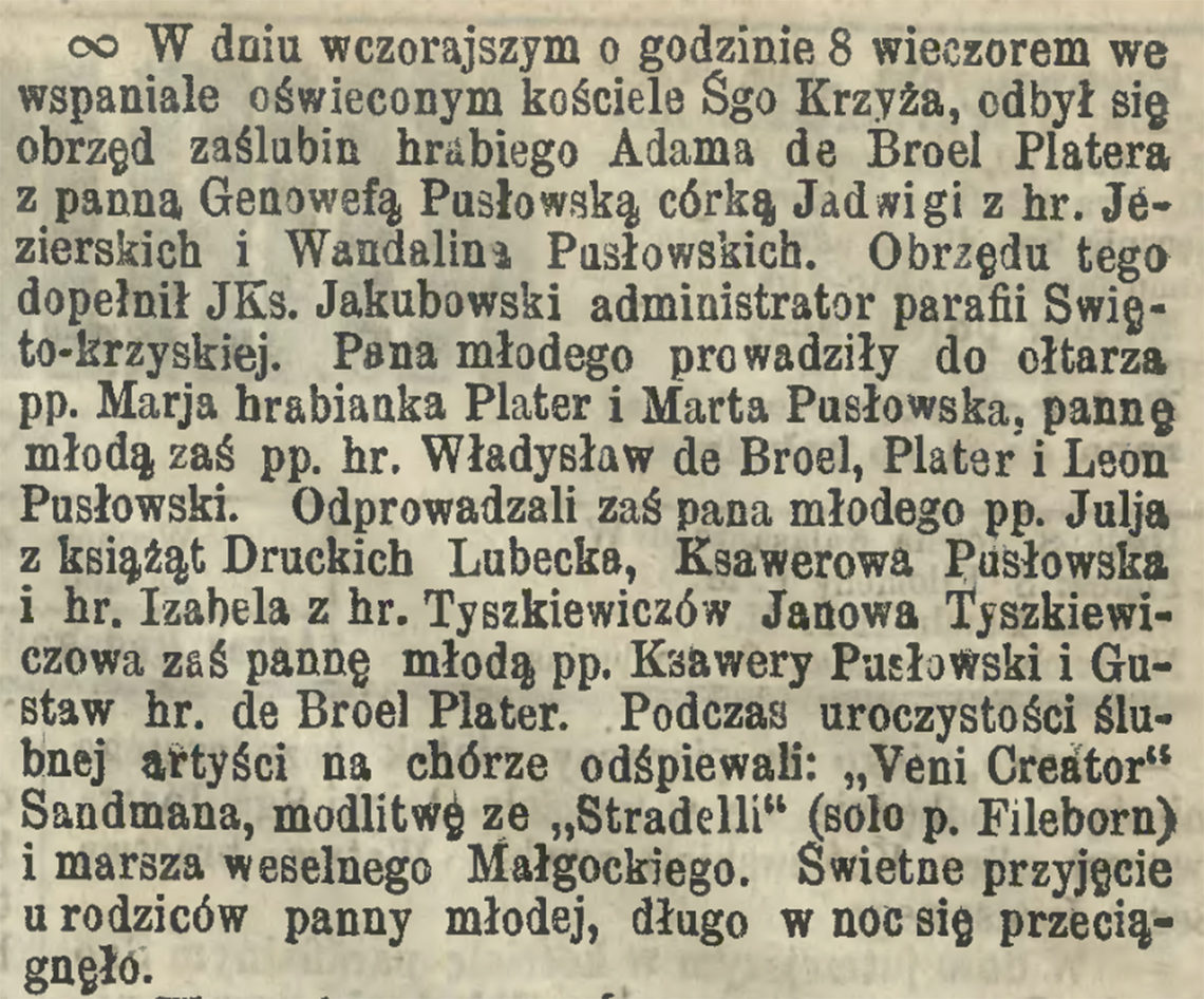 Informacja prasowa o ślubie hr. Adama de Broel Platera & Genowefy Pusłowskiej w dniu 21.06/03.07.1872 r. (Kurier Warszawski nr 145 z 1872 r.)