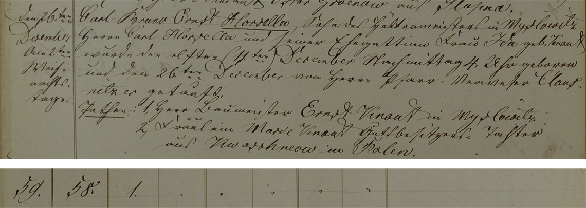 Akt metrykalny chrztu Carl Bruno Ernst Horsella ur. 11.12.1856 r. (Anhalt)