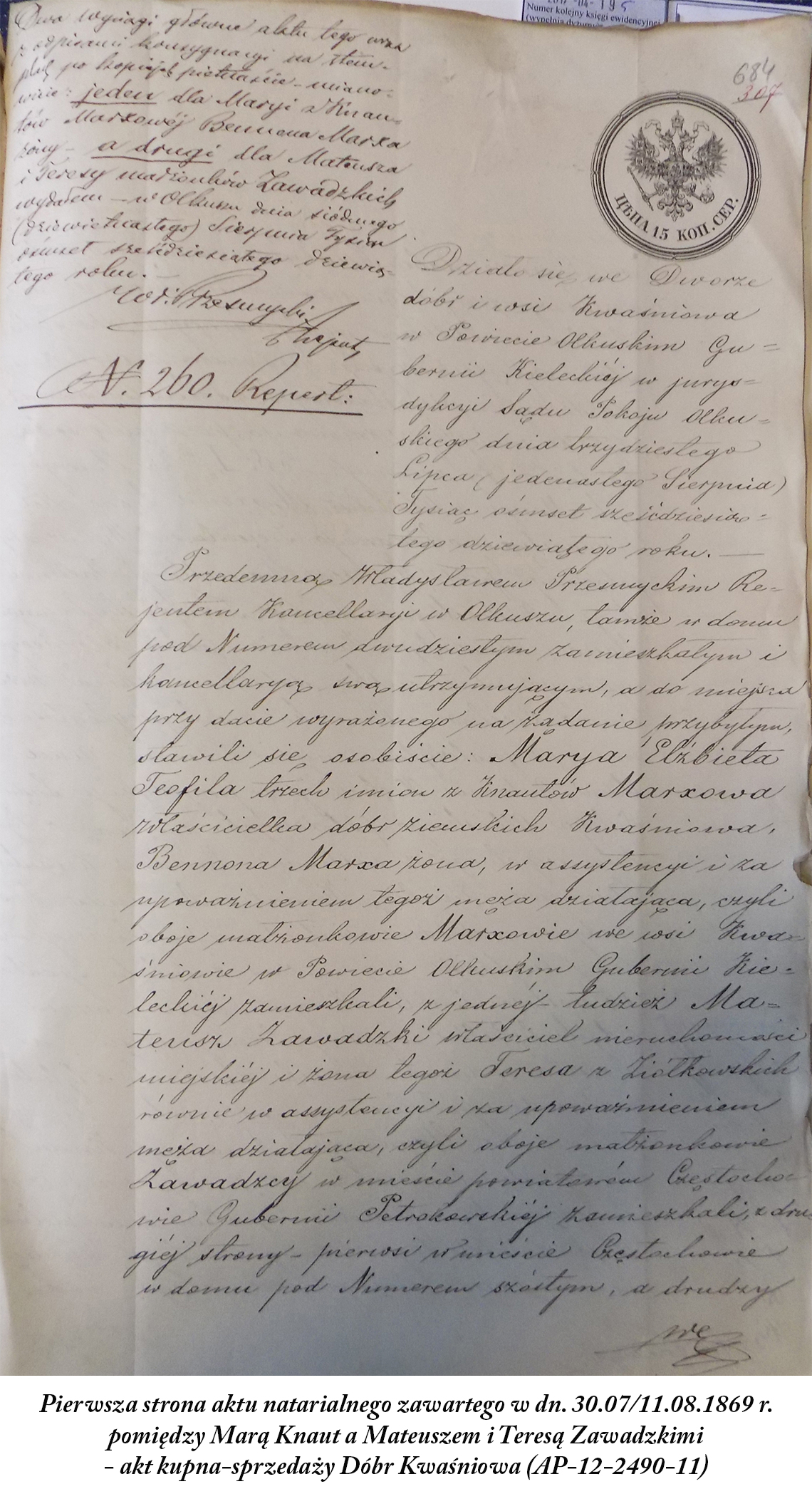 Maria Knaut & Mateusz i Teresa Zawadzcy - akt sprzedaży Dóbr Kwaśniowa 1869 r.
