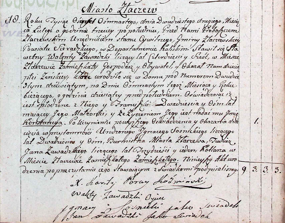 Akt stanu cywilnego urodzenia Konstancya Zawadzka 18.02.1818 r.