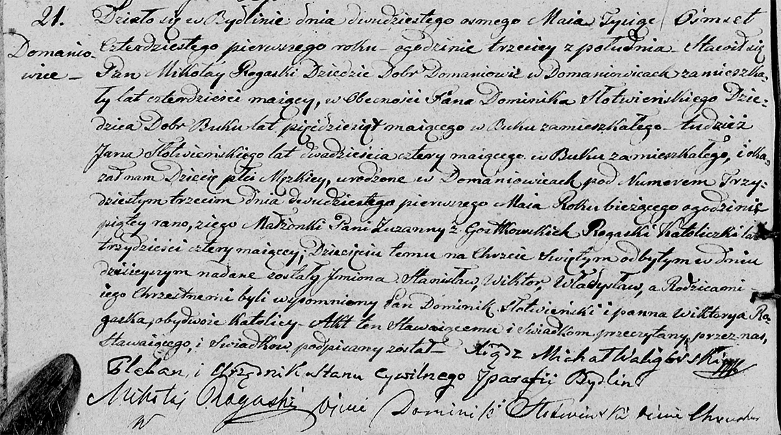 Akt stanu cywilnego urodzenia Stanisław Wiktor Władysław Rogaski 21.05.1841 r.