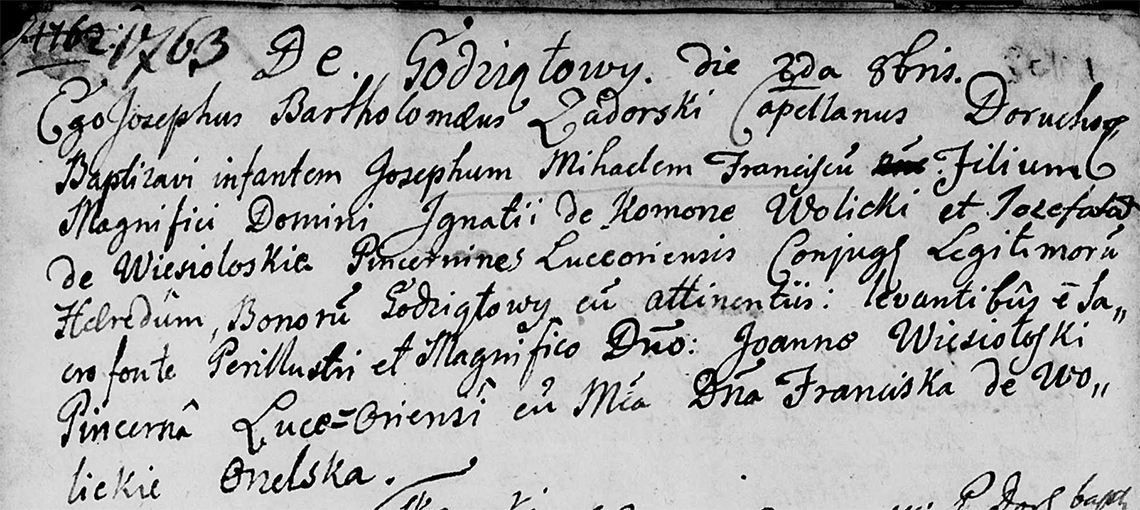 Akt metrykalny chrztu Józef Michał Franciszek Wolicki w dniu 02.10.1763 r.