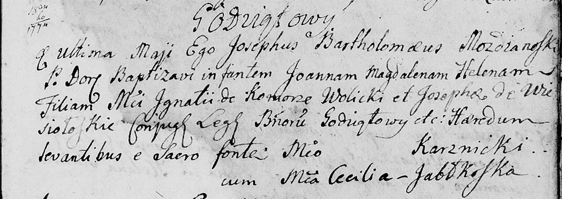 Akt metrykalny chrztu Joanna Magdalena Helena Wolicka w dniu 31.05.1767 r.