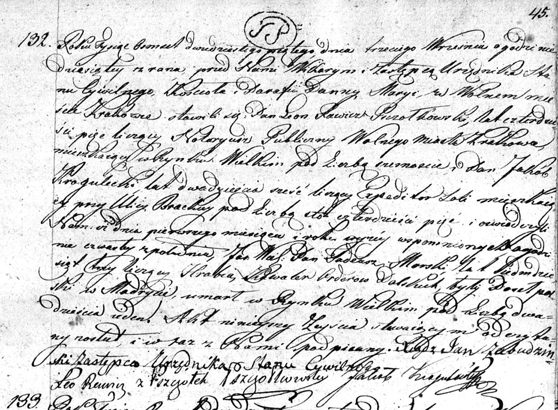 Akt stanu cywilnego zgonu Tadeusz Hrabia Morski 01.09.1825 r.