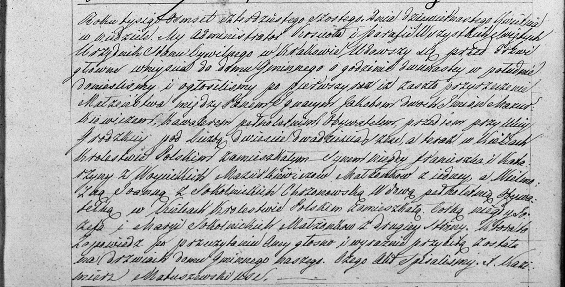 Zapowiedź pierwsza małżeństwa Ignacy Jakób Mazurkiewicz & Joanna z Sokolnickich Chrzonowska 19.04.1846 r.