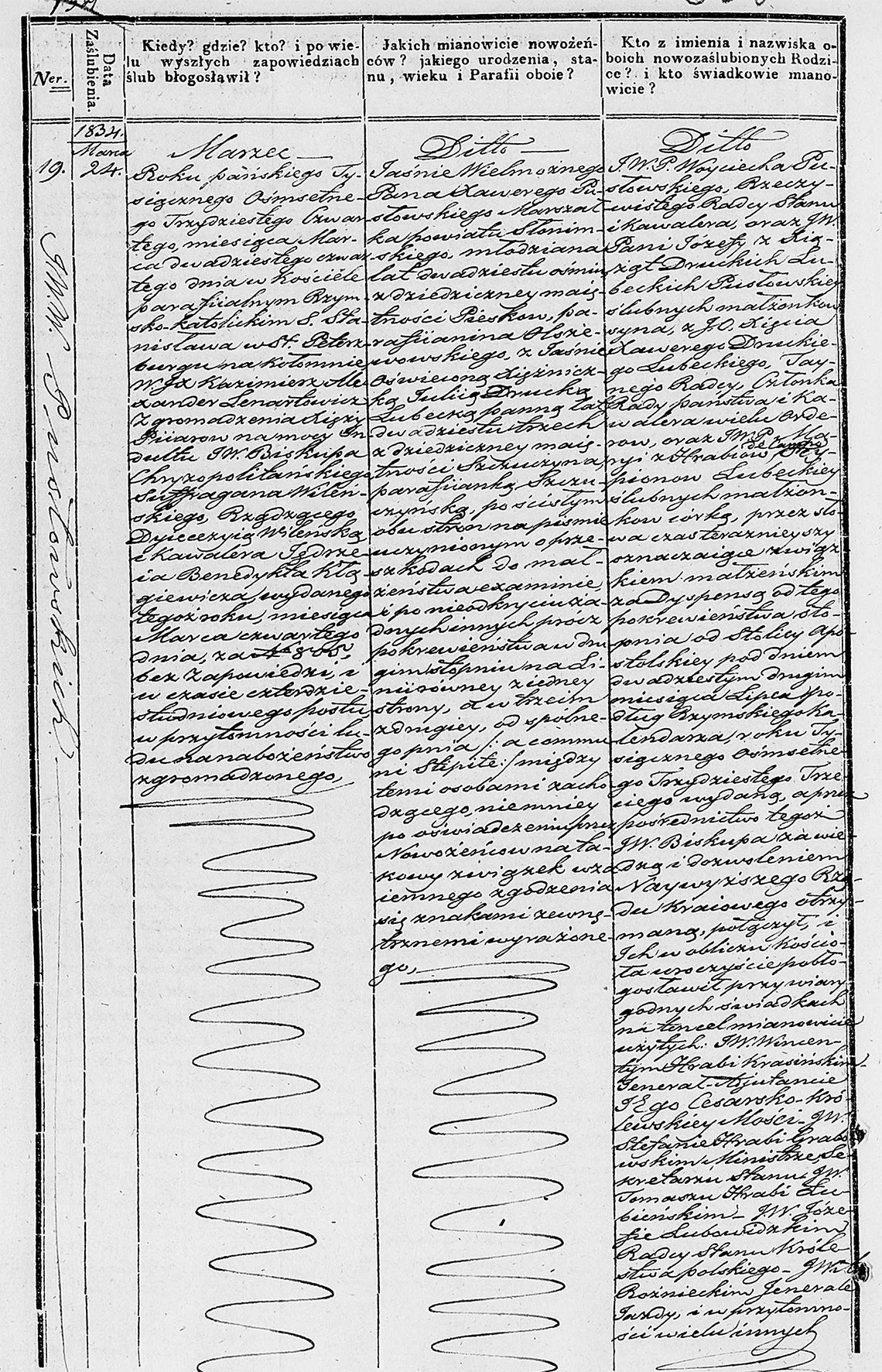 Akt metrykalny małżeństwa Xawery Pusłowski & Julia Drucka Lubecka małż. 24.03.1834 r.
