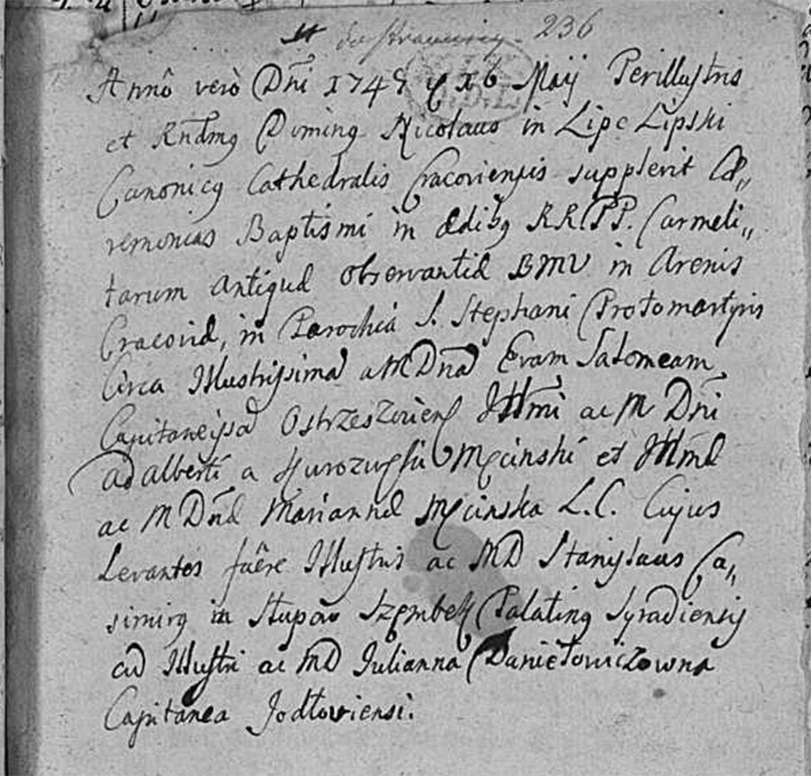 Akt metrykalny chrztu Ewa Salomea Męcińska dn. 16.05.1747 r.