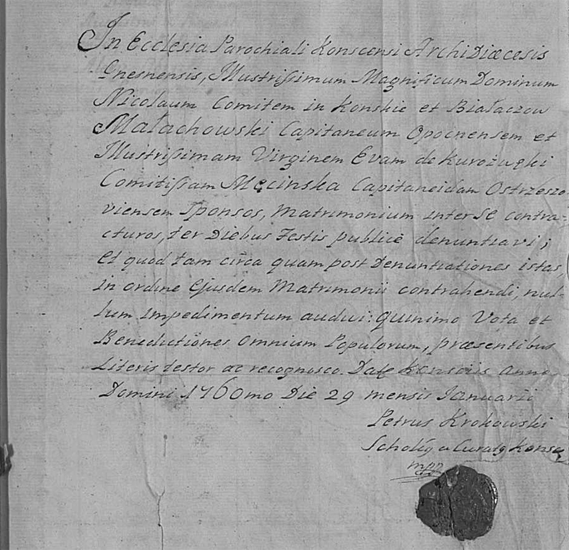Akt zapowiedzi małżeństwa Mikołaj Małachowski & Ewa Męcińska - Końskie 29.01.1760 r.