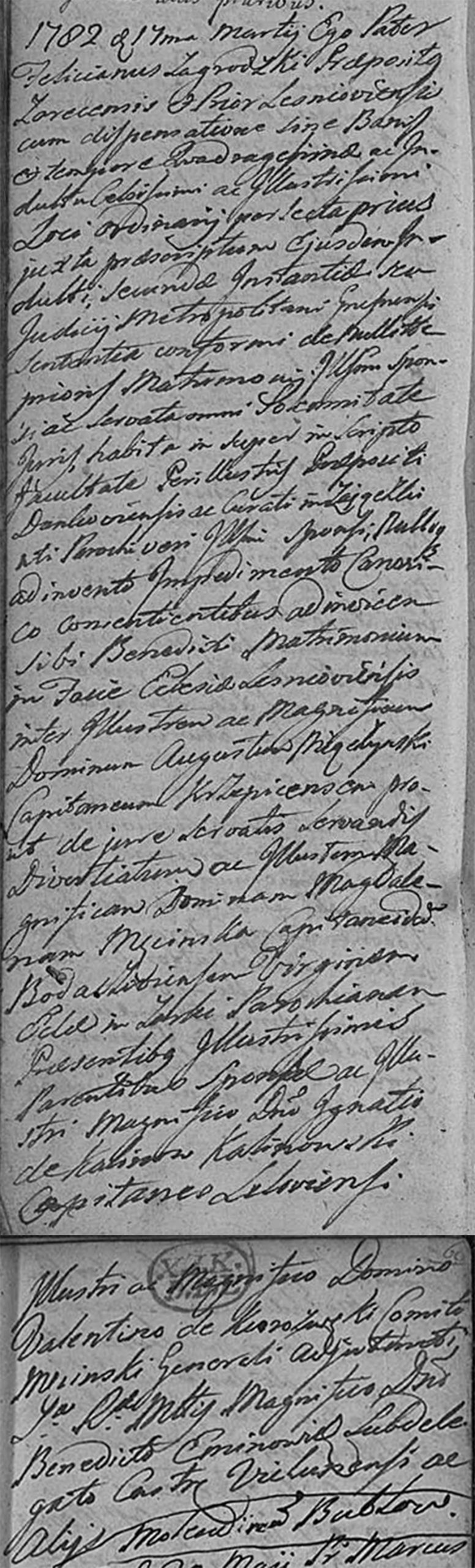 Akt metrykalny małżeństwa Augustyn Miączyński & Magdalena Męcińska małż. 17.03.1782 r.