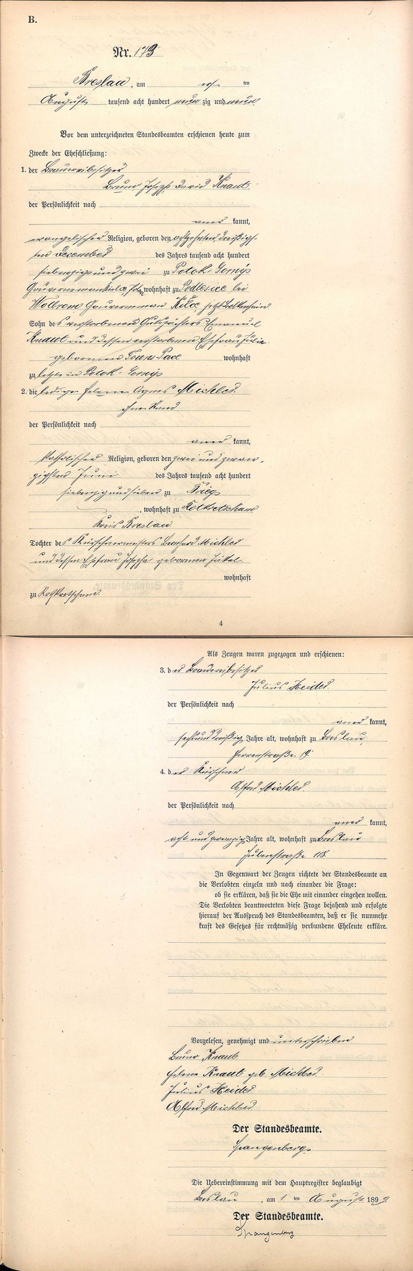 Akt stanu cywilnego małżeństwa Bruno Joseph David Knaut & Helene Agnes Michler 01.08.1899 r.