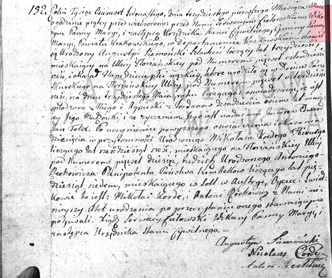 Akt stanu cywilnego urodzenia Edward Jan Felix Siemoński 30.05.1811 r.