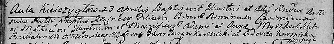 Akt metrykalny chrztu Kazimierz Maciej Myszkowski 23.04.1742 r.