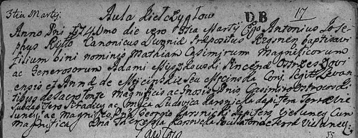 Akt metrykalny chrztu Maciej Kazimierz Myszkowski 03.03.1741 r.