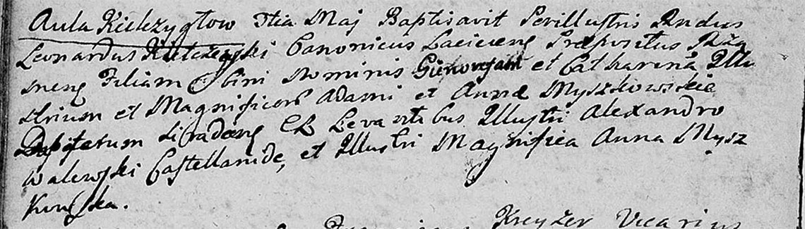 Akt metrykalny chrztu Genowefa Katarzyna Myszkowska 03.05.1746 r.
