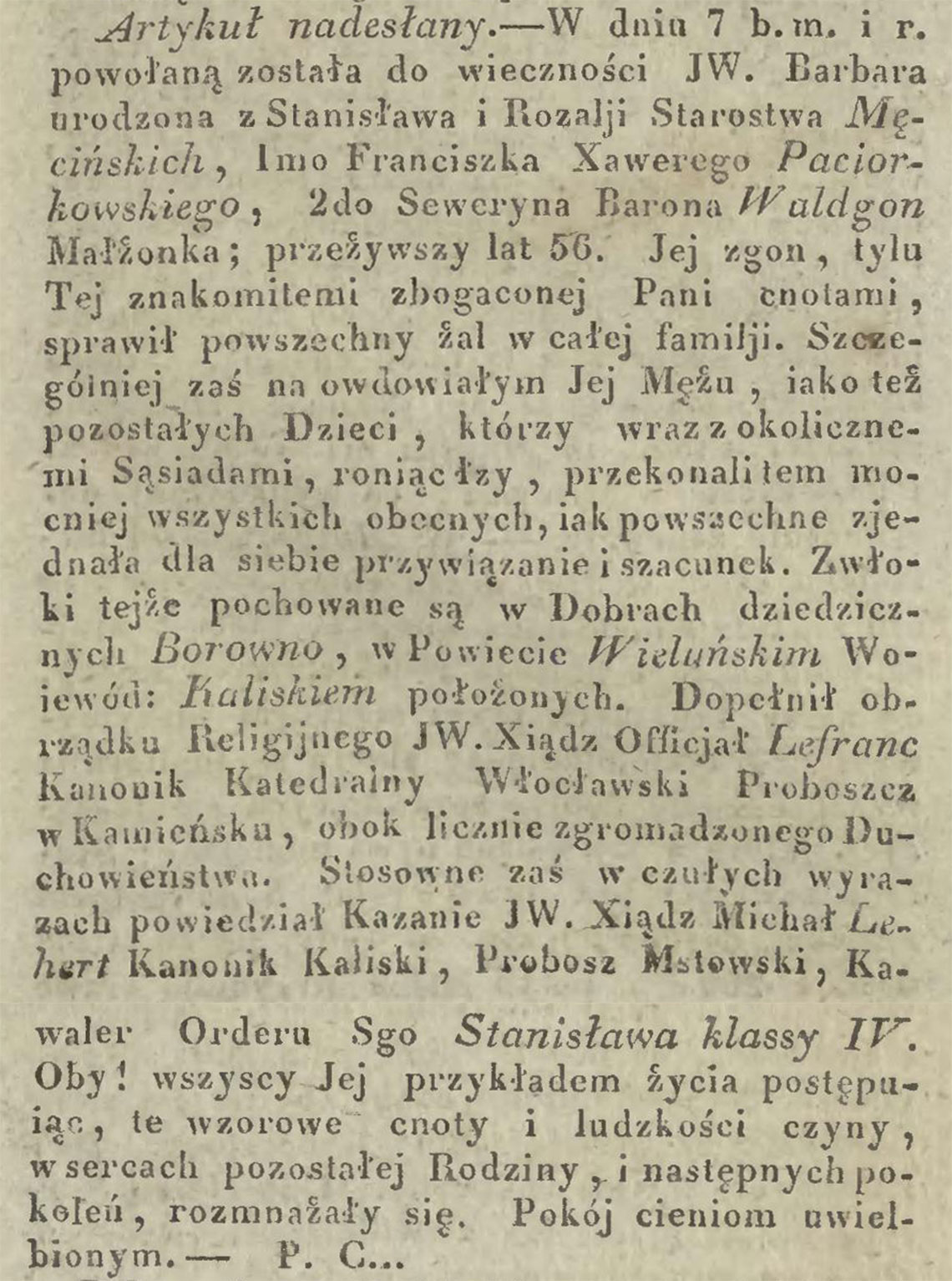 Nekrolog po śmierci Barbara z Męcińskich Walgon zm. 07.04.1827 r.