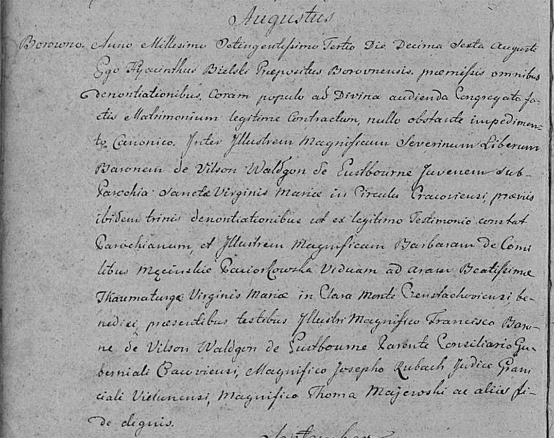 Akt metrykalny małżeństwa Seweryn Baron de Wilson Waldgon de Eastbourne & Barbara Męcińska 16.08.1803 r.