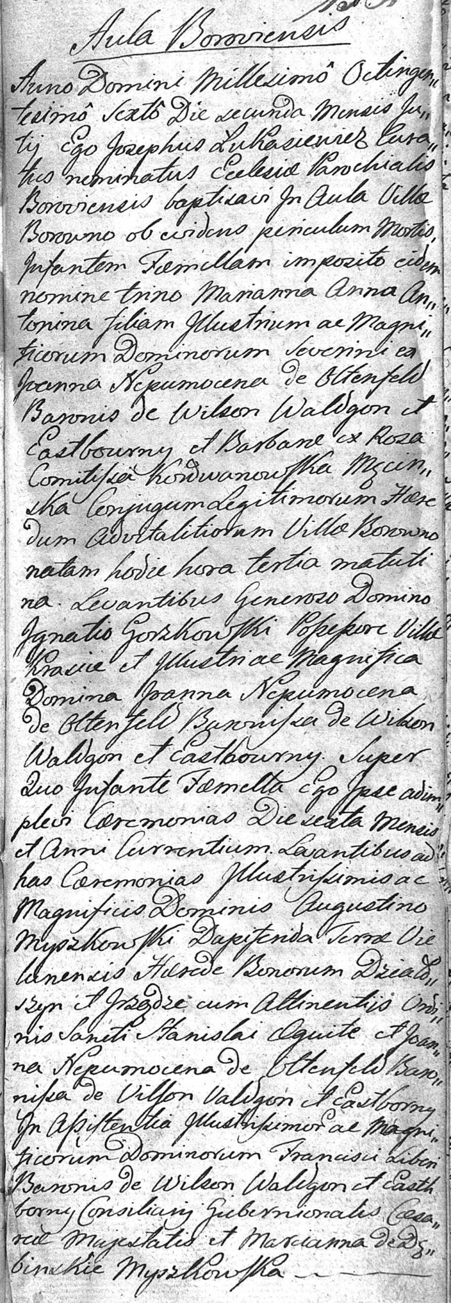 Akt metrykalny chrztu Marianna Anna Antonina Baronowa de Wilson Waldgon i Eastbourny ur. 02.07.1806 r.