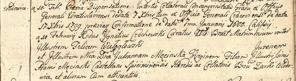 Akt metrykalny małżeństwa Feliks Wielogłowski & Julianna Męcińska 10.02.1800 r.