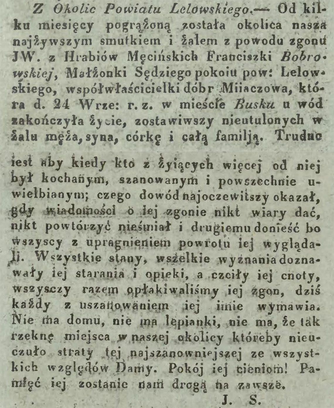Nekrolog po śmierci Franciszka z hr. Męcińskich Bobrowska zm. 24.09.1835 r.