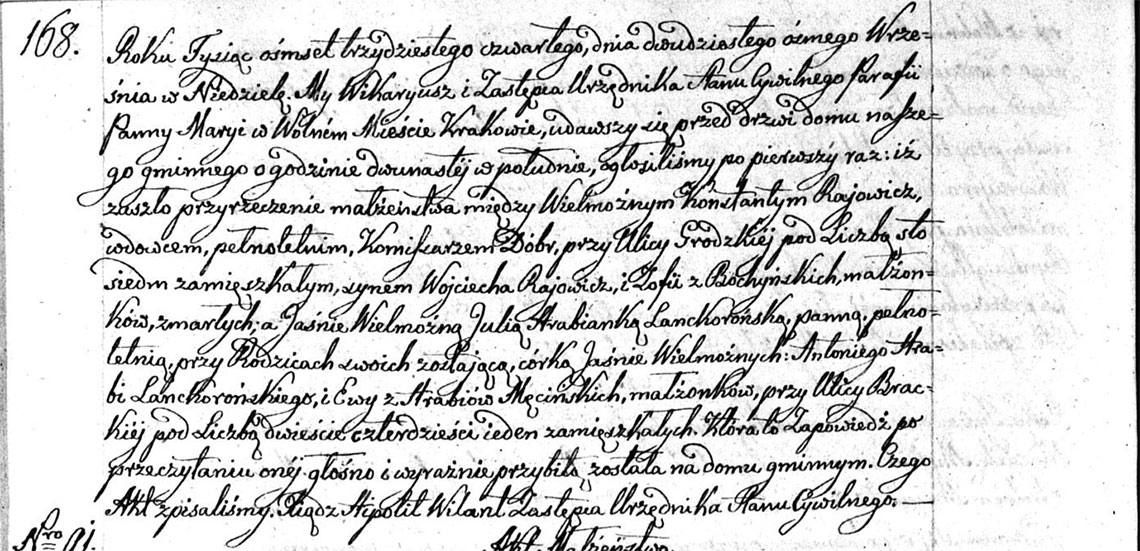 Akt zapowiedzi I małżeństwa Konstanty Rajowicz & Julia Hr. Lanckorońska 28.09.1834 r.