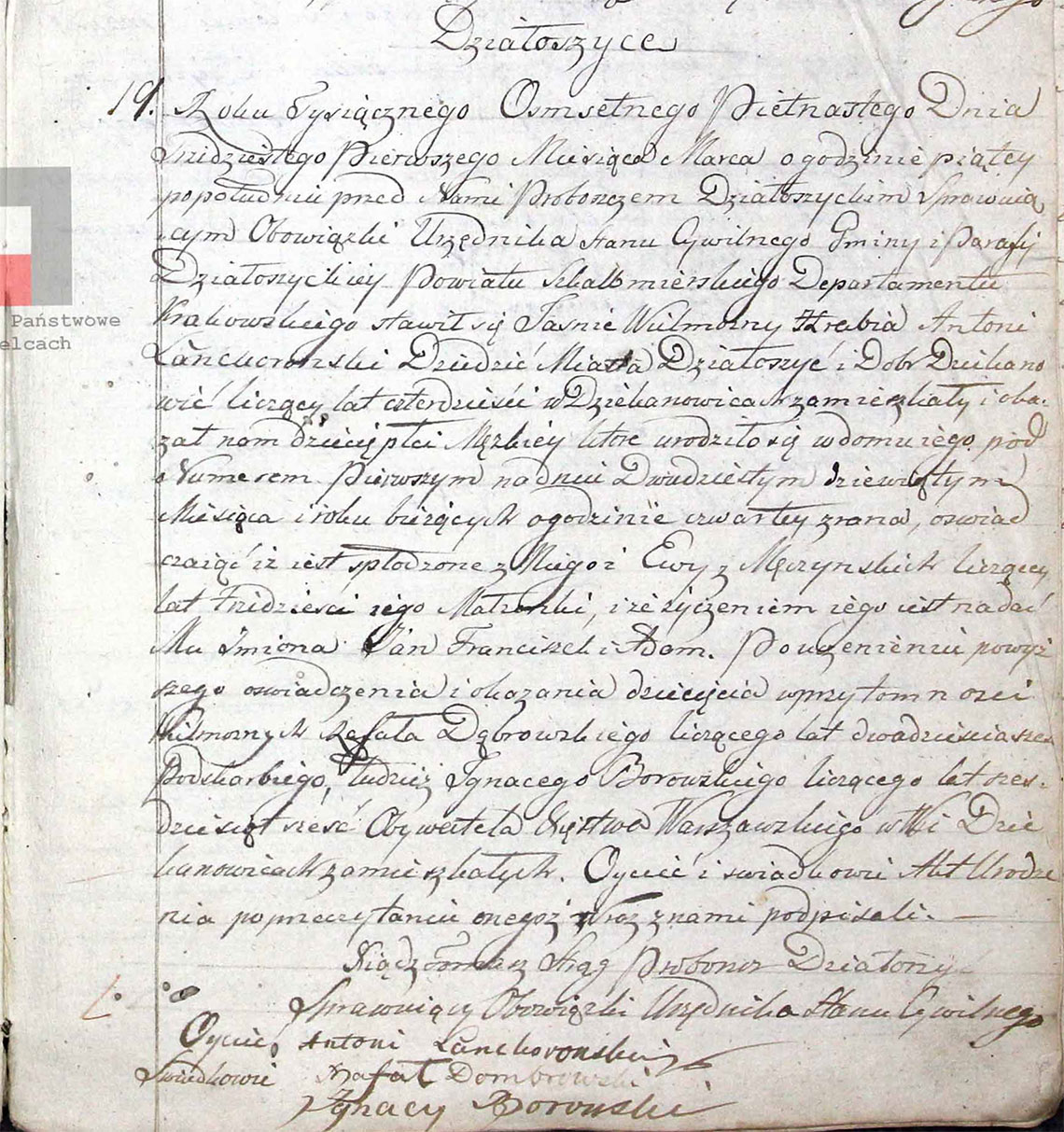 Akt stanu cywilnego urodzenia Jan Franciszek Adam Lanckoroński 29.03.1815 r.