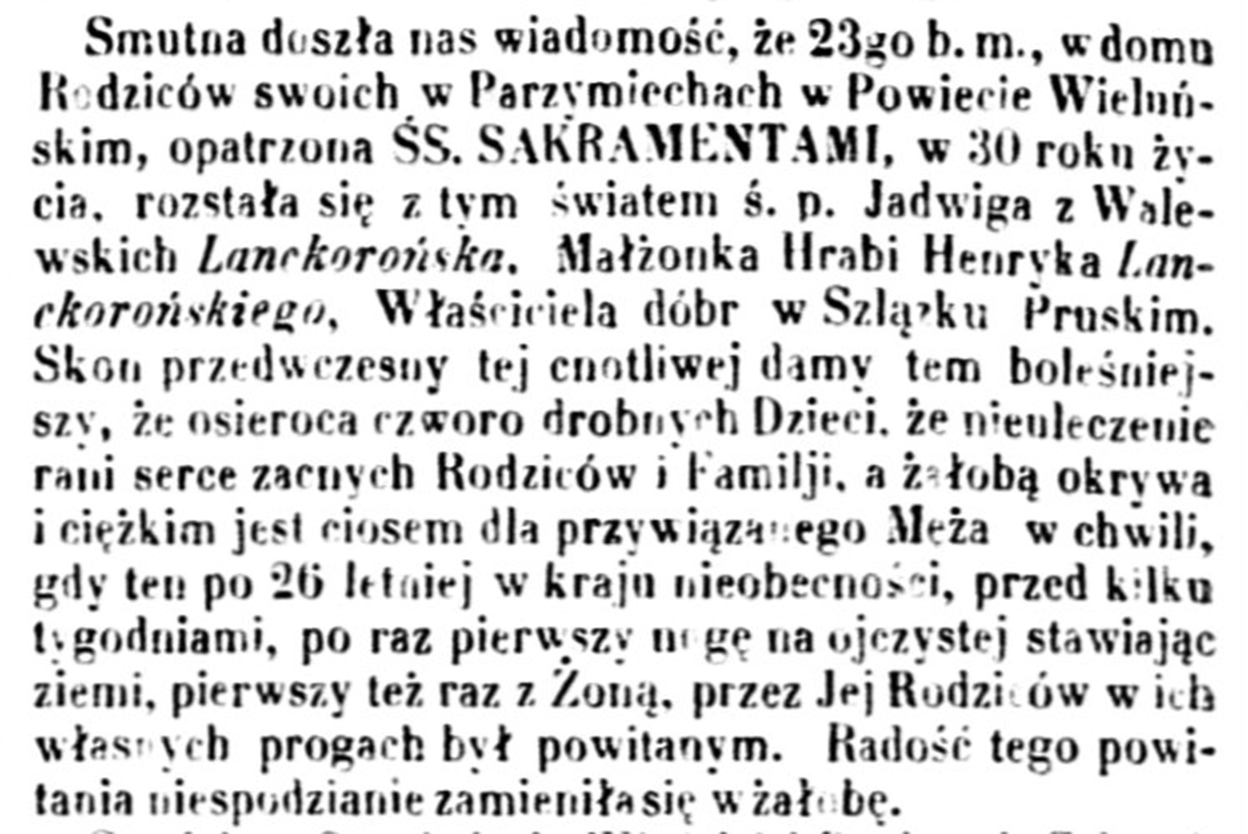 Nekrolog po śmierci Jadwiga z Walewskich Lanckorońska zm. 23.08.1857 r.