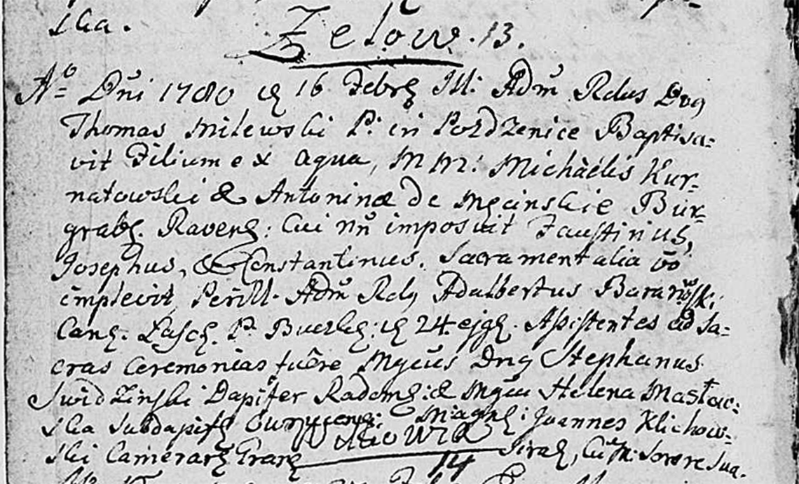 Akt metrykalny chrztu Faustyn Józef Konstanty Kurnatowski 16.02.1780 r.