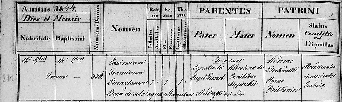 Akt metrykalny chrztu Kazimierz Franciszek Bronisław de Puget Puszet chrz. 14.10.1844 r.