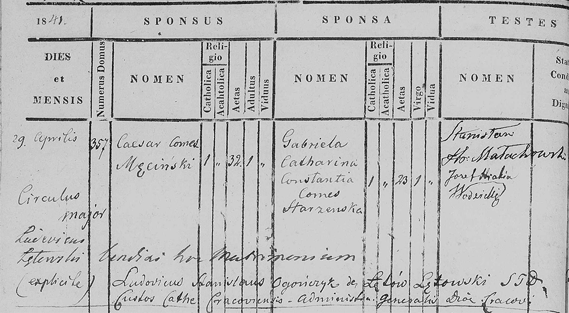 Akt metrykalny małżeństwa Cezar Hr. Męciński & Gabriela Katarzyna Konstancja Hr. Starzeńska 29.04.1841 r.