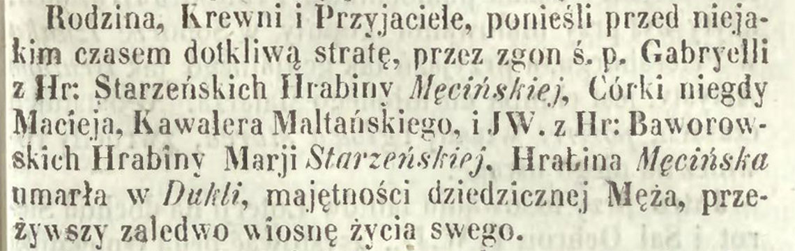 Nekrolog po śmierci Gabryella z hr. Starzeńskich hr. Męcińska zm. 10.1849 r.