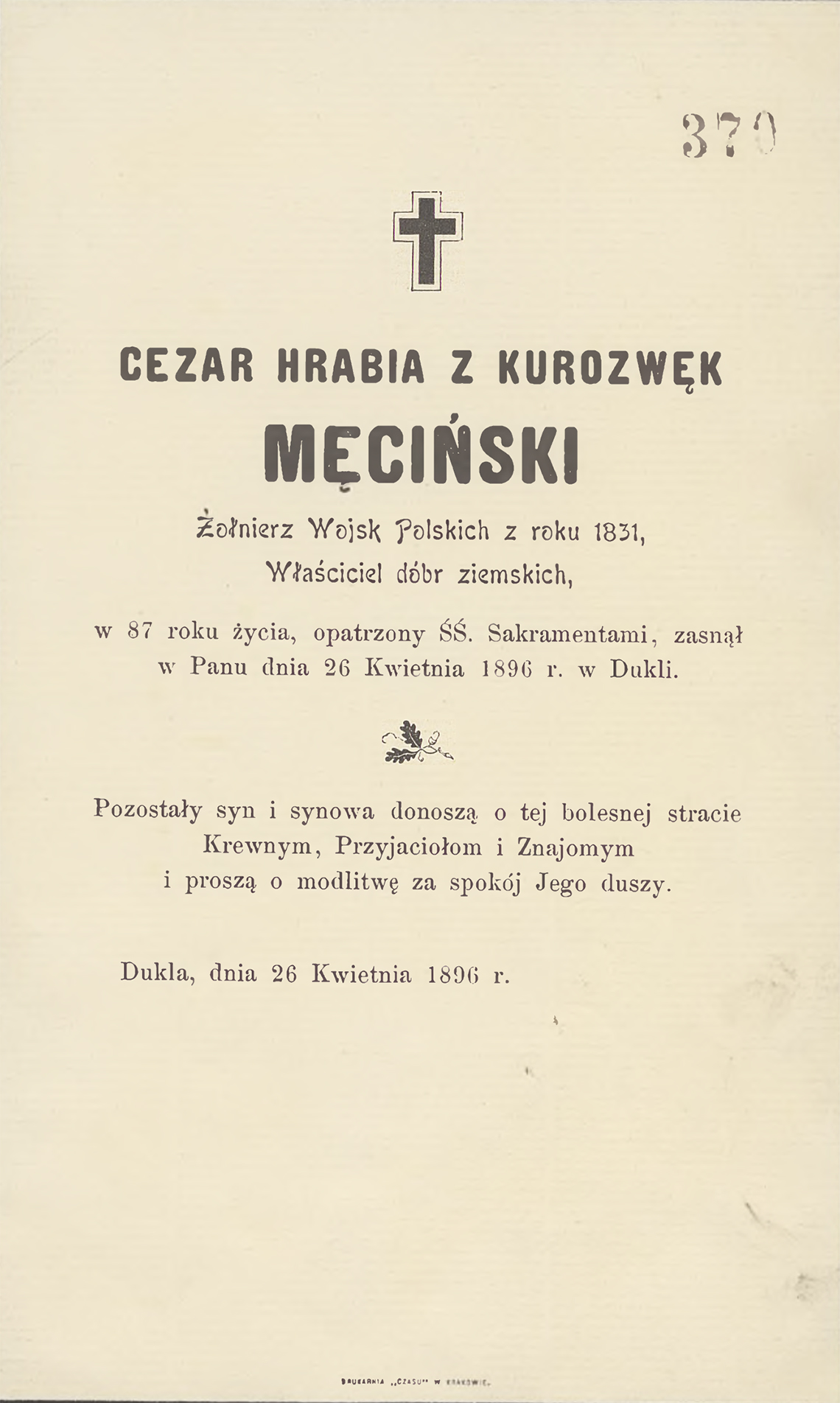 Klepsydra po śmierci Cezar hr. z Kurozwęk Męciński zm. 26.04.1896 r.