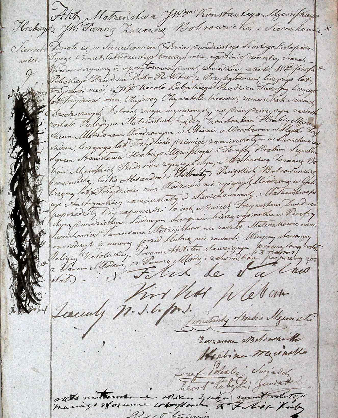 Akt stanu cywilnego małżeństwa Konstanty Hrabia Męciński & Zuzanna Bobrownicka 26.11.1843 r.