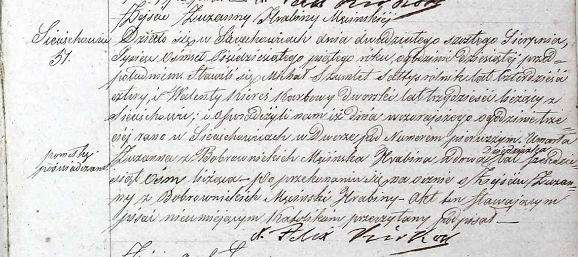 Akt stanu cywilnego zgonu Zuzanna z Bobrownickich Hr. Męcińska 25.08.1855 r.