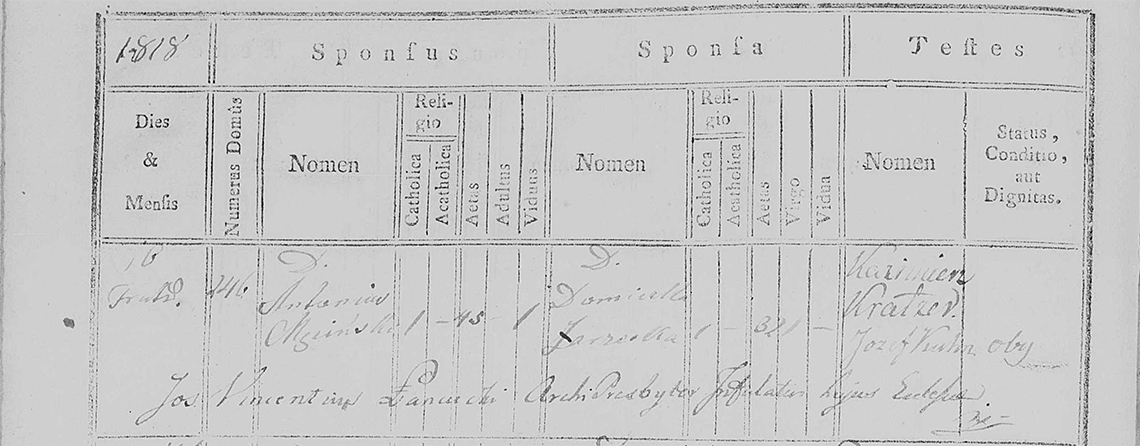 Akt metrykalny małżeństwa Antoni Męciński & Domicella Zarzecka 16.07.1818 r.