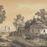 Mereczowszczyzna – Pałac Wandalina Pusłowskiego i dom, w którym urodził się Tadeusz Kościuszko 12.02.1746 r. (źr. grafika Napoleon Orda - Muzeum Narodowe w Krakowie)